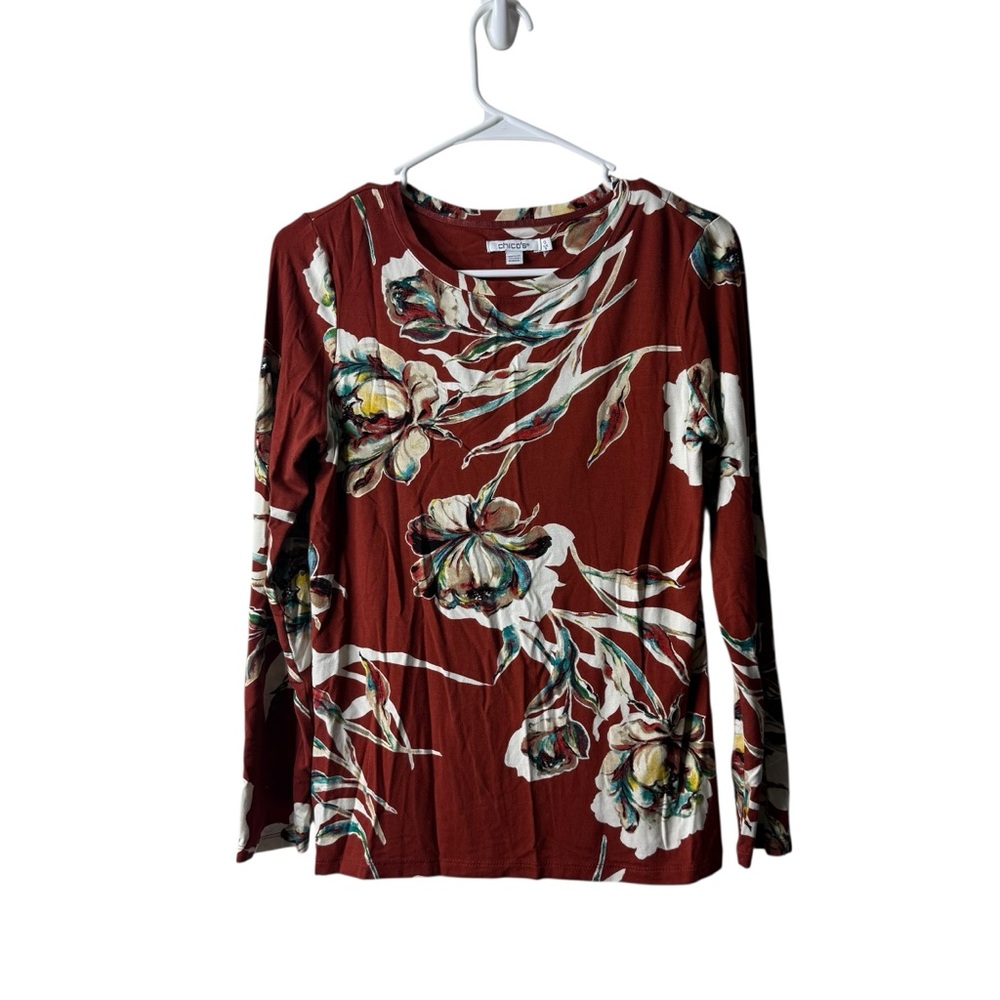 Chicos Rust Red Floral Long Sleeve Touch of Cool Blouse 0